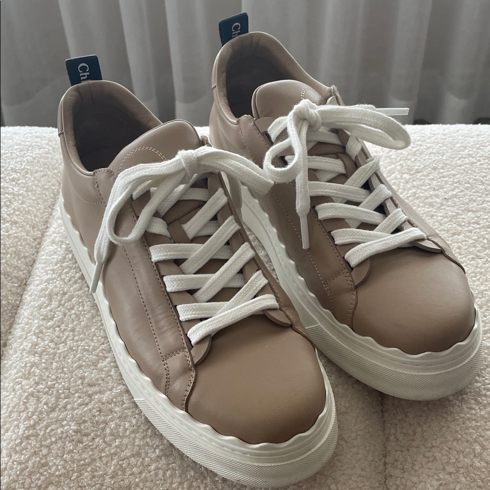 Chloe Lauren Low Top Beige Sneakers with White Accents Calf Skin Leather